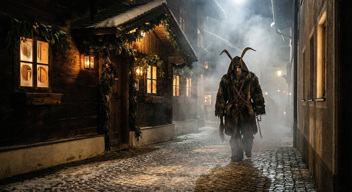 Крампус идёт по улице деревни