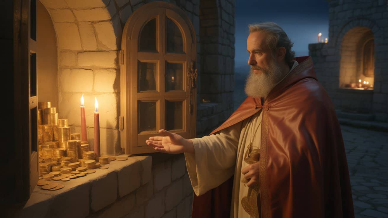 Святой Николай тайно оставляет монеты на подоконнике